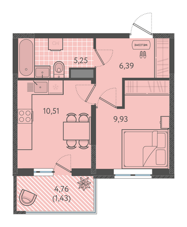 Планировка 1-комн 33,87 - 34,17 м²