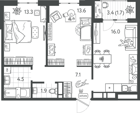 Планировка 2-комн 58,1 м²