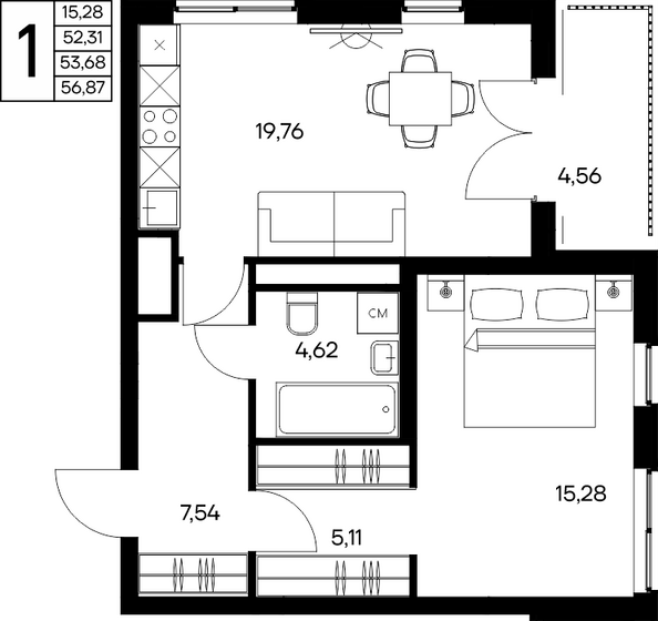 Планировка 1-комн 56,87 м²