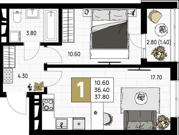 Планировка 1-комн 37,8 м²