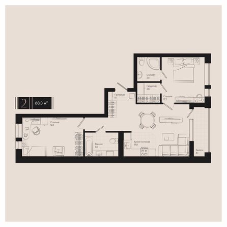 Планировка 2-комн 68,3 м²