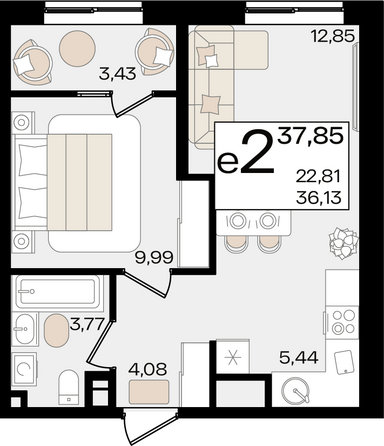 Планировка 2-комн 37,85 м²