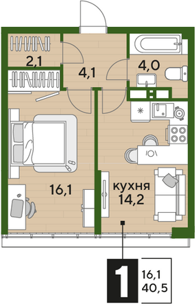 Планировка 1-комн 40,5 м²