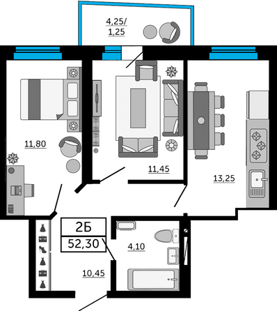 Планировка 2-комн 52,3 м²