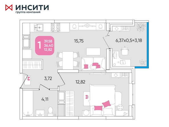 Планировка 1-комн 39,58 м²