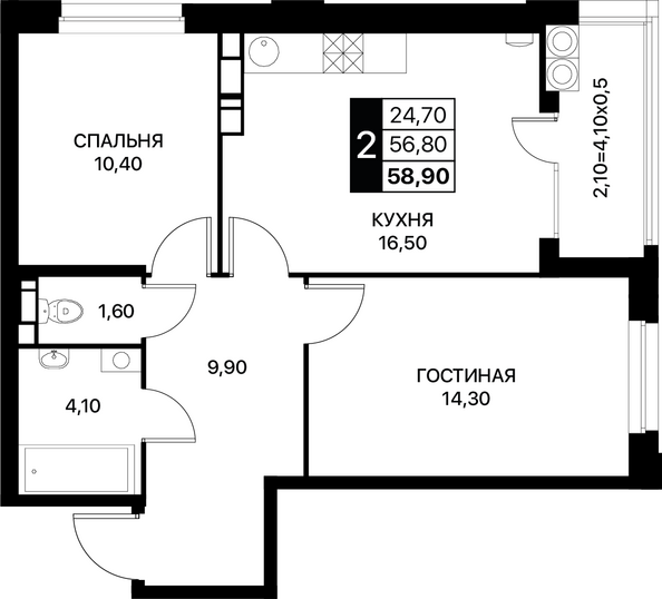 Планировка 2-комн 58,9 м²