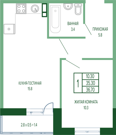 Планировка 1-комн 36,7, 37 м²