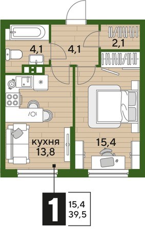 Планировка 1-комн 39,5 м²