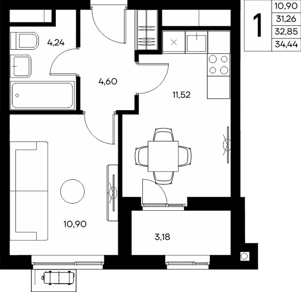 Планировка 1-комн 34,44, 34,53 м²