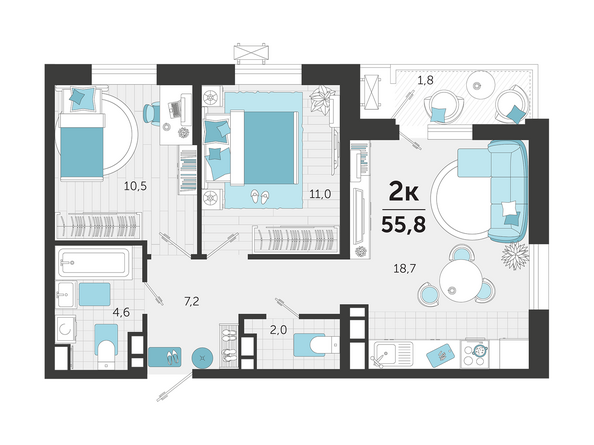 Планировка 2-комн 55,8 м²