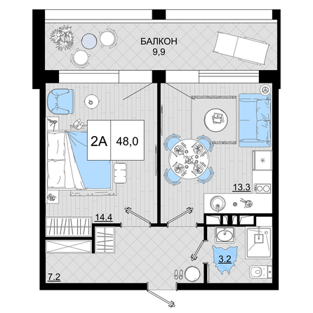 Планировка 2-комн 48 м²