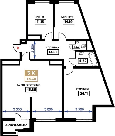 Планировка 3-комн 119,38 м²