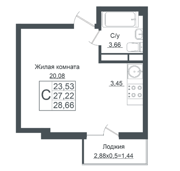 Планировка Студия 28,66 м²