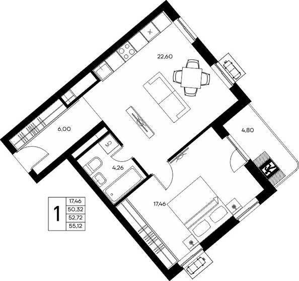 Планировка 1-комн 55,04 - 55,37 м²