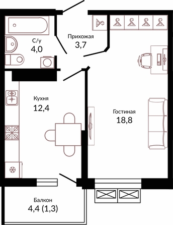 Планировка 1-комн 40,2 м²