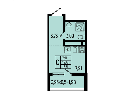 Планировка Студия 16,71 м²