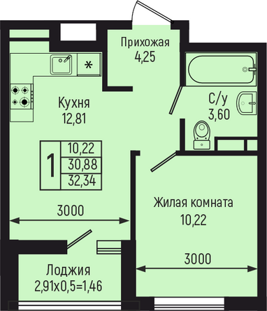 Планировка 1-комн 32,34 м²