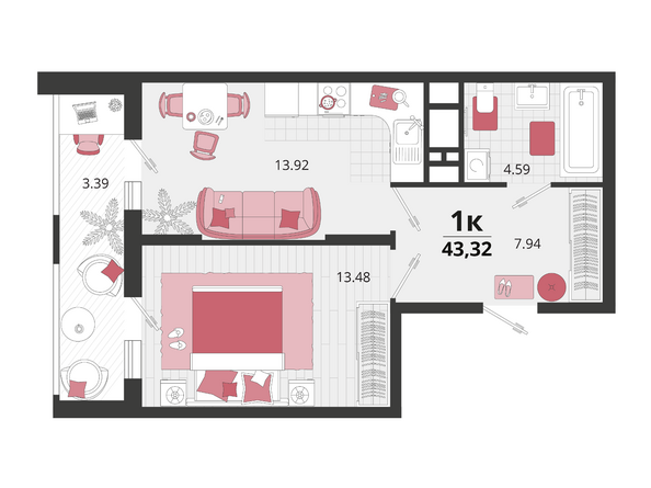 Планировка 1-комн 43,32 м²