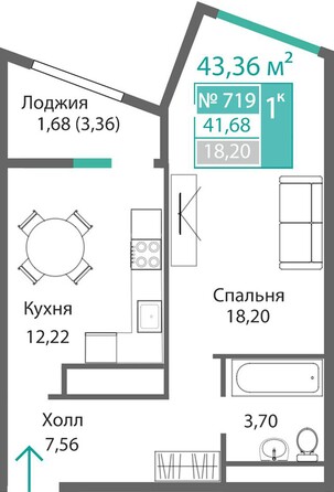 Планировка 1-комн 43,36, 44,18 м²
