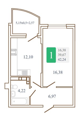 Планировка 1-комн 42,24 м²