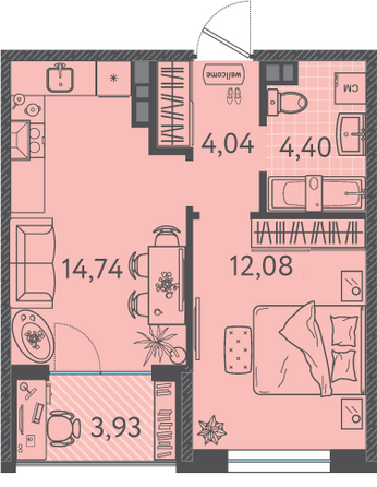 Планировка 1-комн 37,23 м²