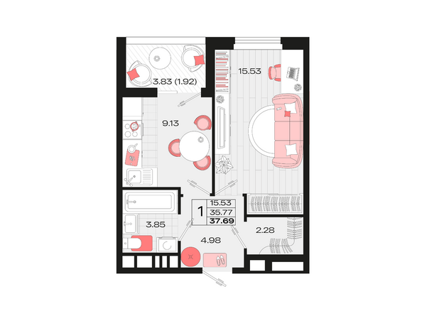 Планировка 1-комн 37,69 м²