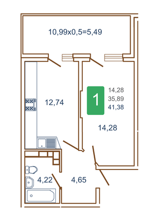 Планировка 1-комн 41,38 м²