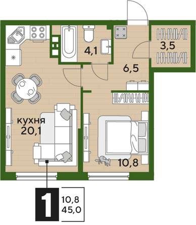 Планировка 1-комн 45 м²