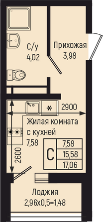 Планировка Студия 17,06 м²