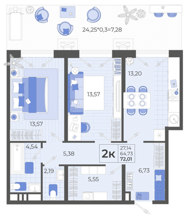 Планировка 3-комн 72,01 м²