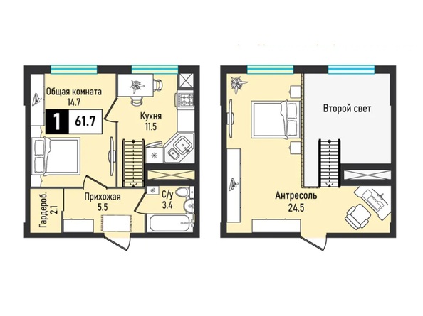 Планировка 1-комн 61,7 м²