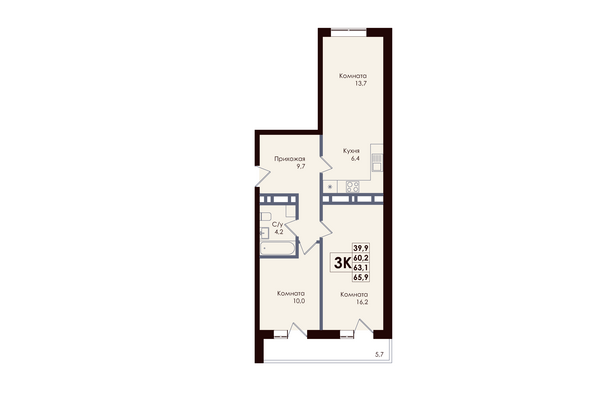 Планировка 3-комн 63,1 м²