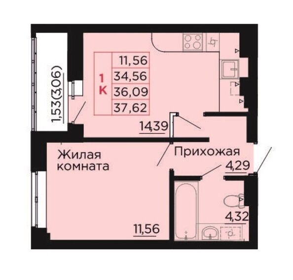 Планировка 1-комн 36,09 м²