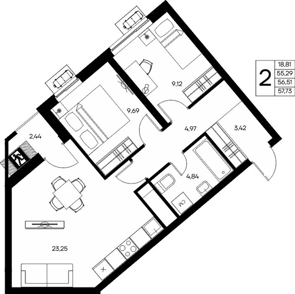 Планировка 2-комн 57,73 - 57,94 м²