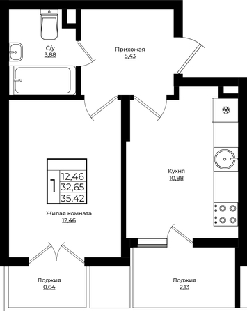 Планировка 1-комн 35,32, 35,42 м²