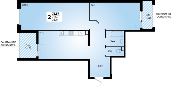 Планировка 2-комн 75,57 м²