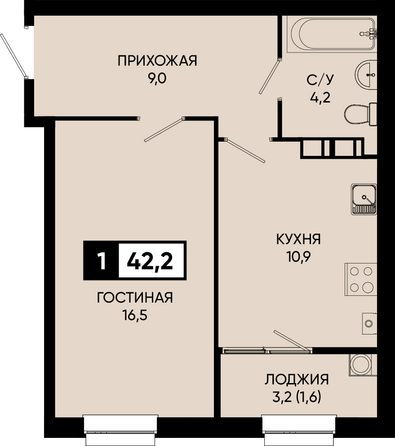 Планировка 1-комн 42,2 м²