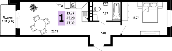 Планировка 1-комн 47,39 м²