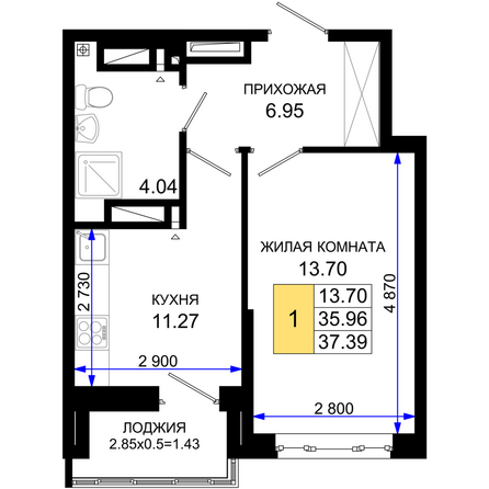 Планировка 1-комн 37,39 м²