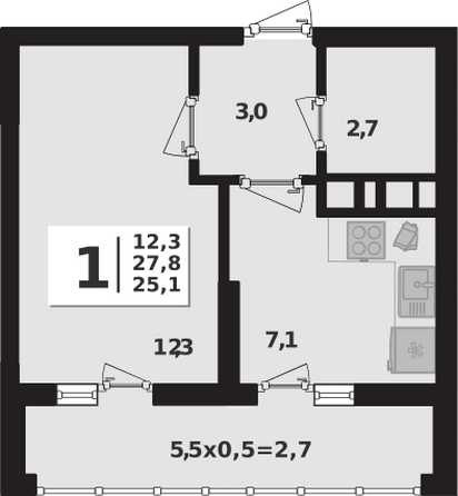 Планировка 1-комн 27,8 м²