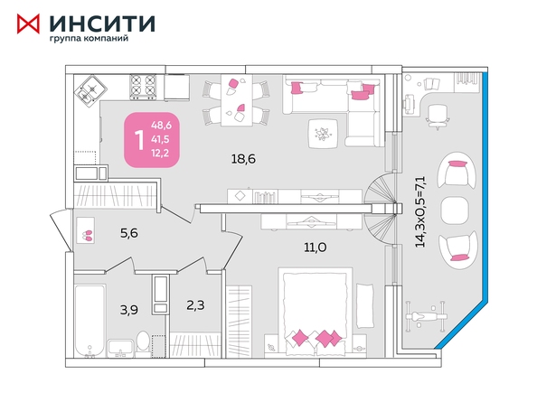 Планировка 1-комн 48,6 м²