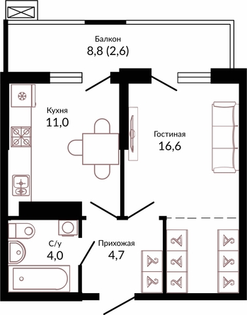 Планировка 1-комн 38,2 м²