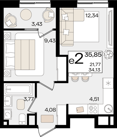 Планировка 2-комн 35,85 м²