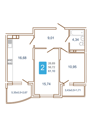 Планировка 2-комн 61,1 м²