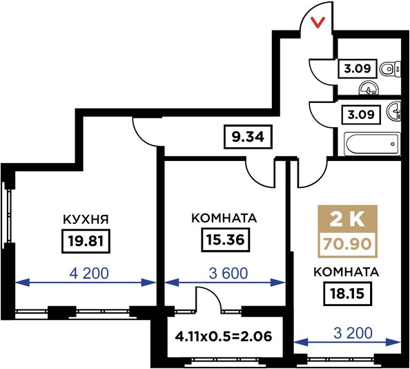 Планировка 2-комн 70,9 м²