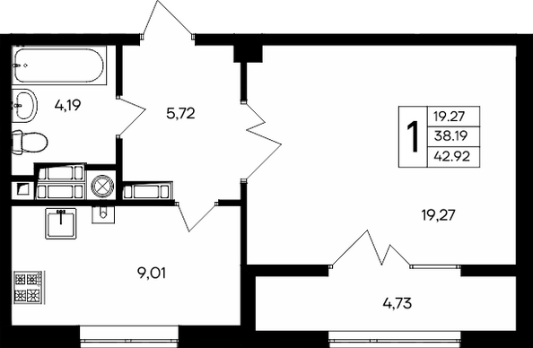 Планировка 1-комн 42,25 - 43,18 м²