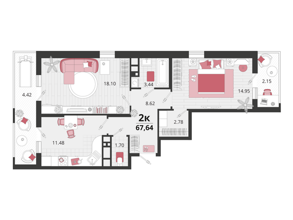 Планировка 2-комн 67,64 м²