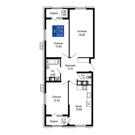 Планировка 3-комн 80,64 м²