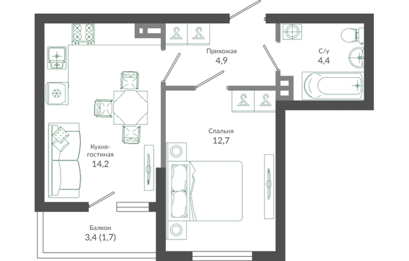 Планировка 1-комн 37,9 м²