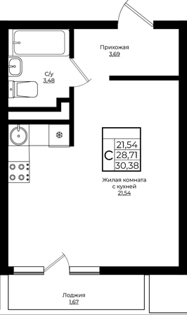 Планировка Студия 30,38 м²